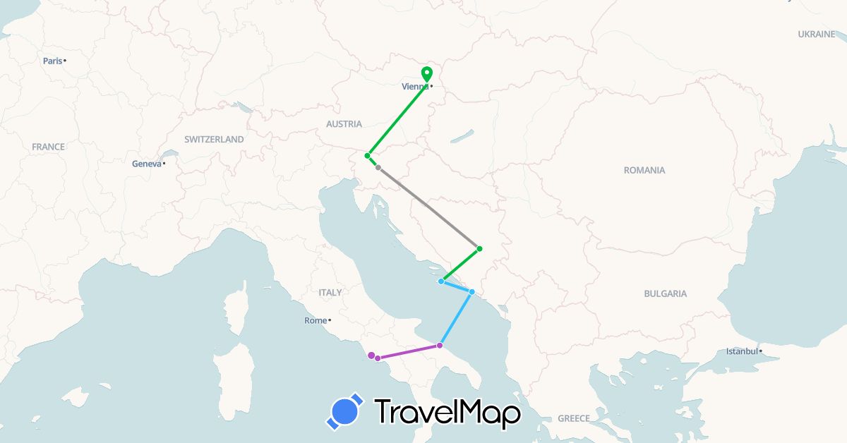 TravelMap itinerary: driving, bus, plane, train, boat in Austria, Bosnia and Herzegovina, Croatia, Italy, Slovenia (Europe)